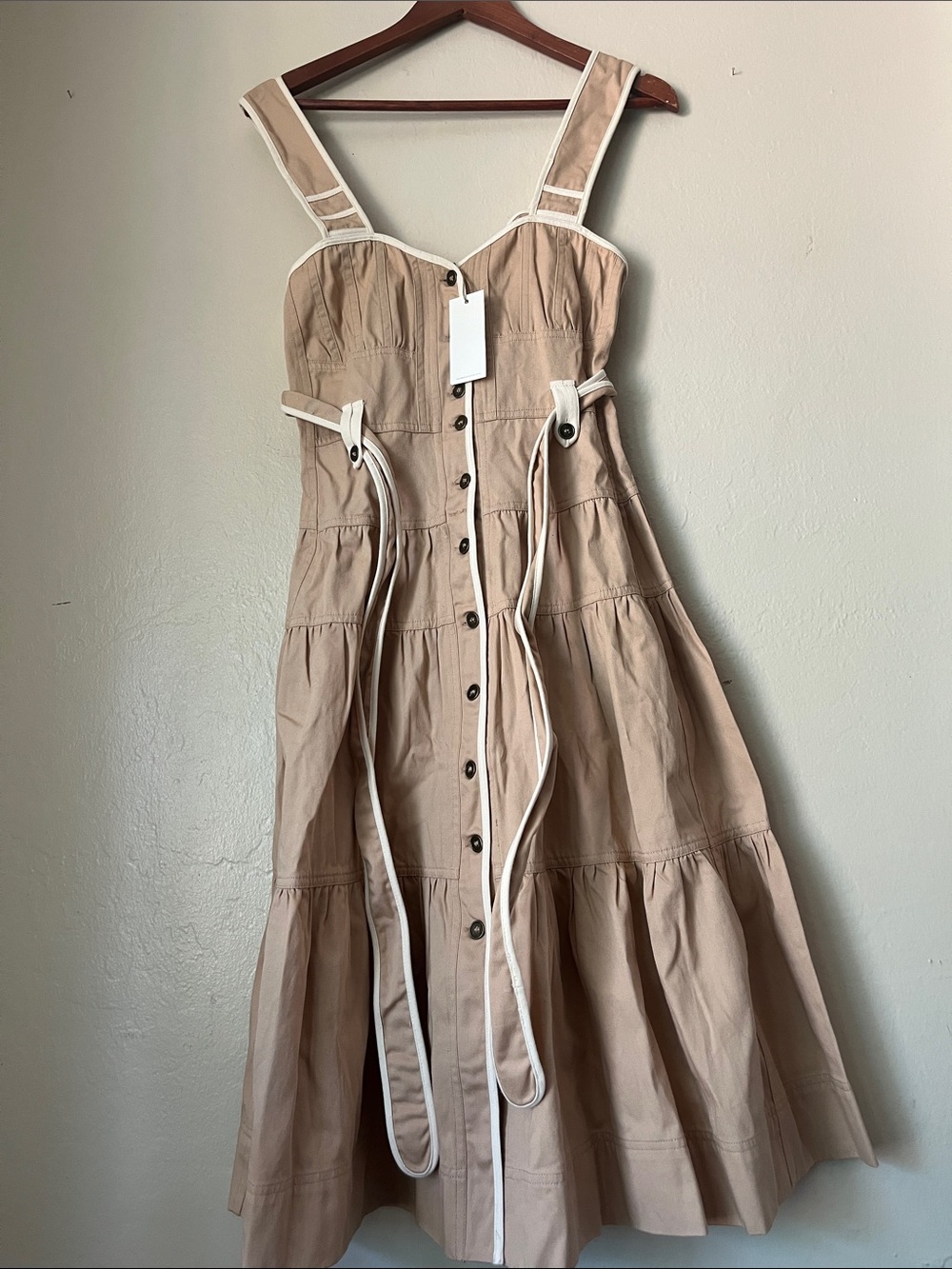 Moon River Beige Midi Dress with White Trim